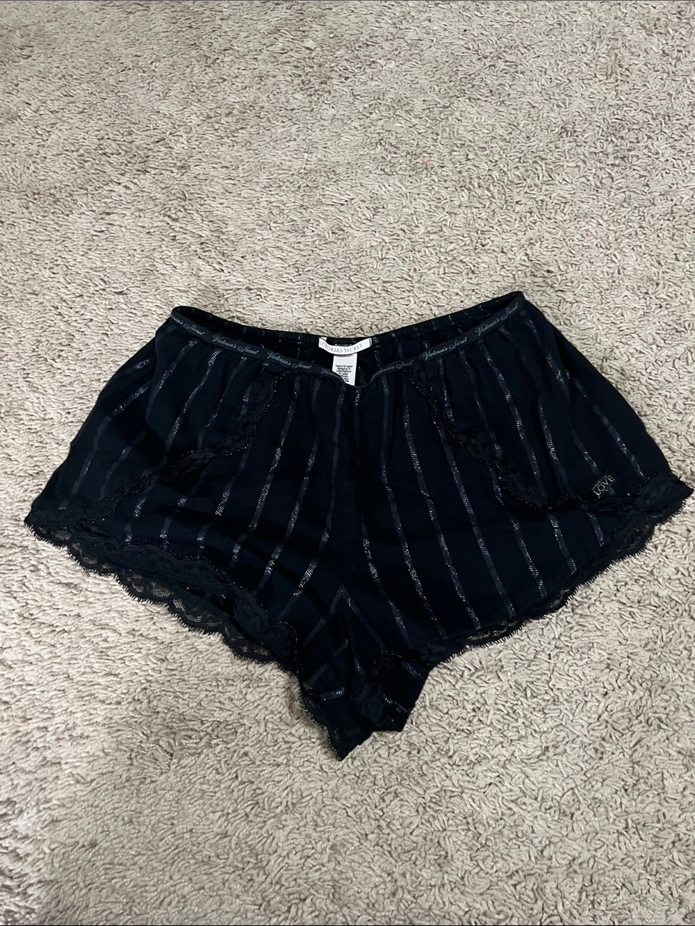 Victoria's Secret Black Lace-Trim Shorts with Subtle Shimmer